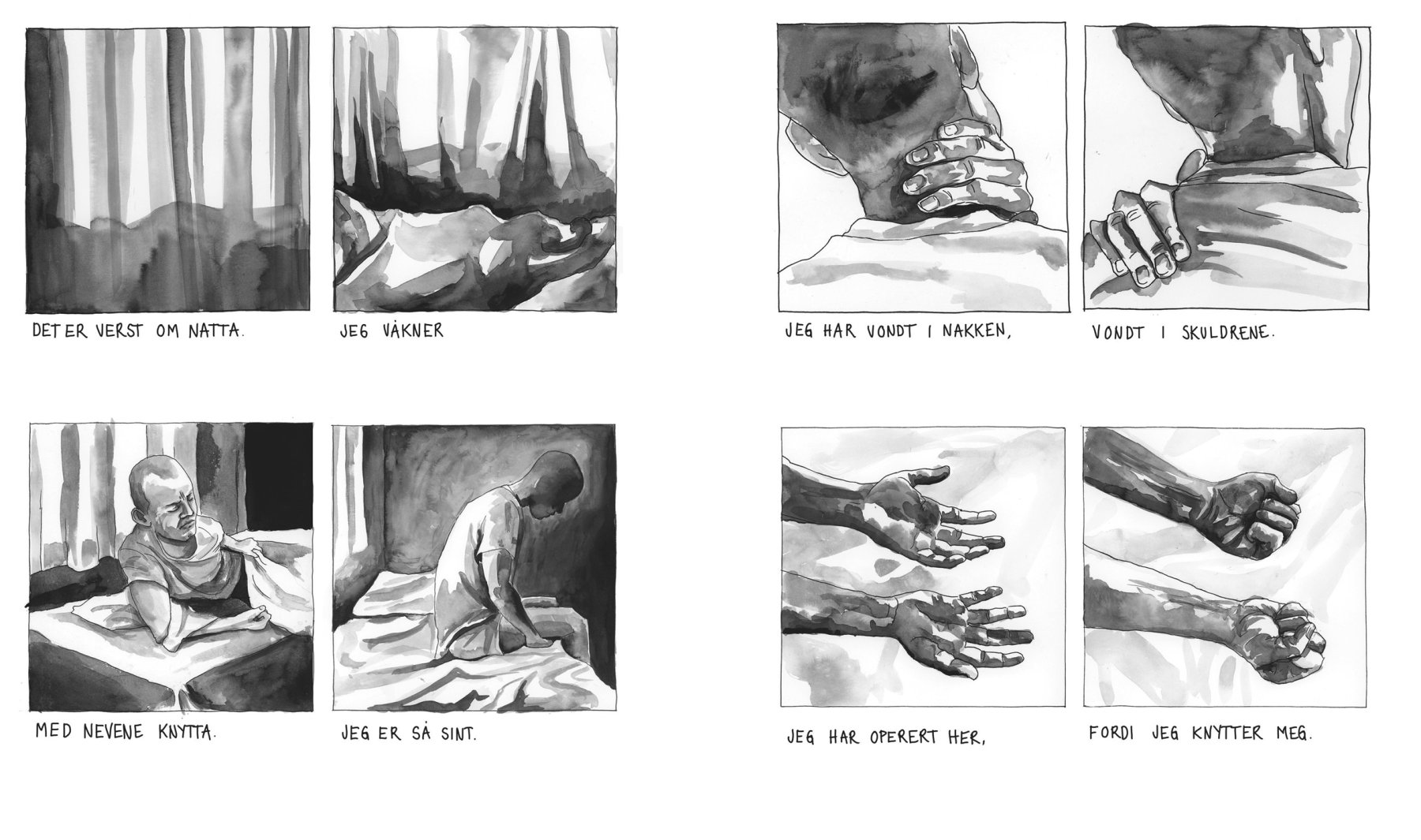 Side 42–43 fra *O bli hos meg* av Lene Ask, utgitt av No Comprendo Press.